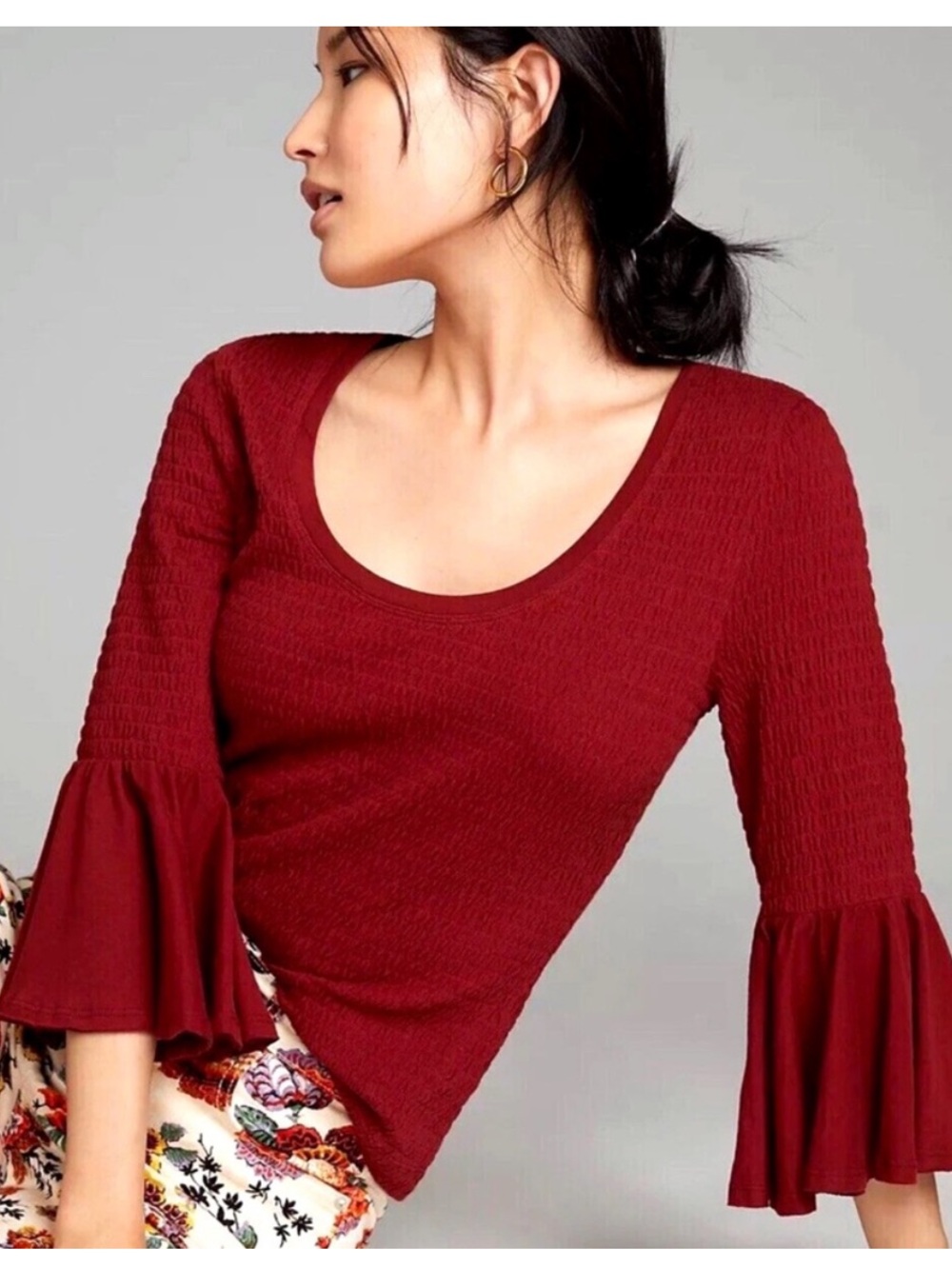 Anthropologie Smocked Bell Sleeve Top Shirt Sz S Wine Red Burgundy